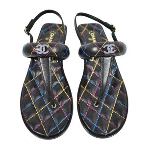 Chanel 21K Black Multicolor Leather CC Logo Mule Slide Flat Thong Sandal 37.5